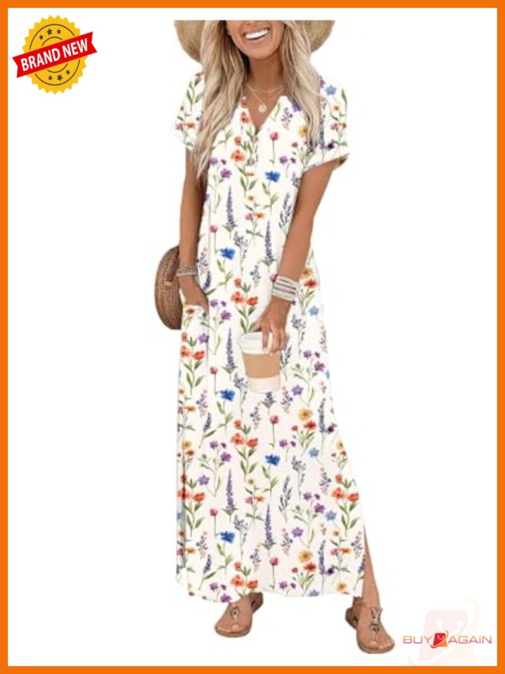 Women Maxi Dress Polyester Spandex V-Neck Short Sleeve Casual Sundress